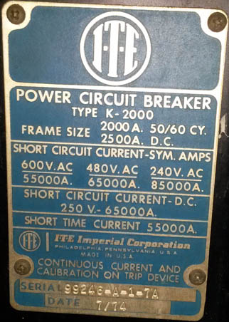 2000 Amp, ITE, K2000, 480 V., M/O, BOLT-IN STATIONARY:1