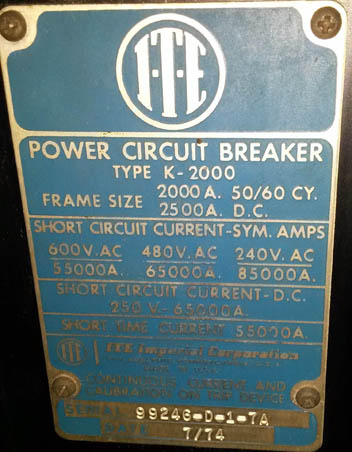 2000 Amp, ITE, K2000, 480 V., M/O, BOLT-IN STATIONARY:1