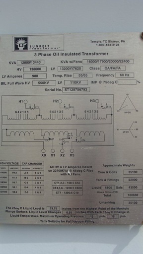 12000/20000 KVA, Pri 138000 D, Sec 13200Y/7620, SUNBELT, SUBSTATION:1