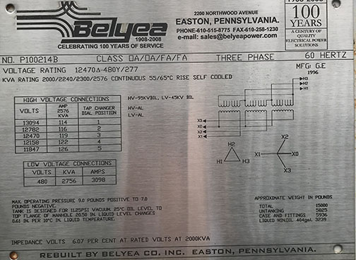 2000/2240/2300/2516 KVA, Pri 12470 D, Sec 480Y/277, GENERAL ELECTRIC, SILICONE,