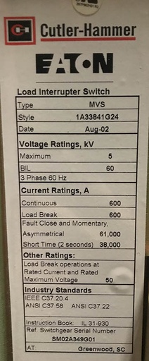 600 Amp, CUTLER HAMMER, MVS, 5000 V., INDOOR, FUSED, LOAD BREAK