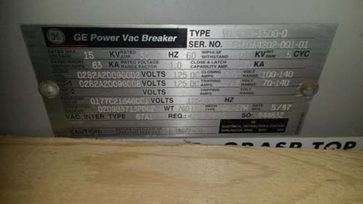 3000 Amp, GENERAL ELECTRIC, VB13.8-1500-0, 13.8 KV, 125 VDC C & T, E/O, D/O:1