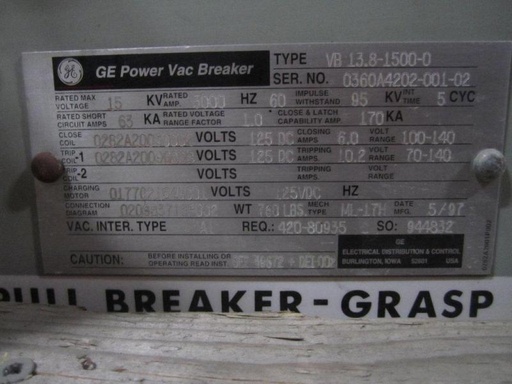 3000 Amp, GENERAL ELECTRIC, VB13.8-1500-0, 13.8 KV, 125 VDC C & T, E/O, D/O:1