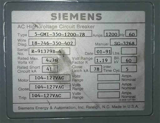 1200 Amp, SIEMENS, 5GMI-350-1200-78, 4160 V., 120 VAC CLOSE & TRIP, E/O, D/O:1