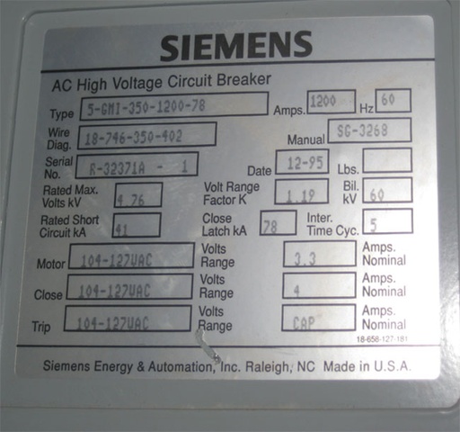 1200 Amp, SIEMENS, 5GMI-350-1200-78, 4160 V., 120 VAC CLOSE & TRIP, E/O, D/O:1