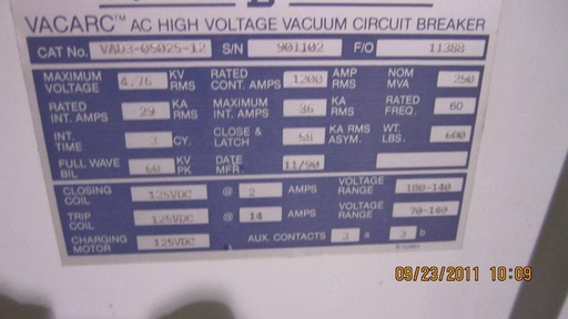 1200 Amp, SQUARE D, VAD3-05025-12, 4760 V, E/O, D/O, 125 VDC CLOSE/TRIP