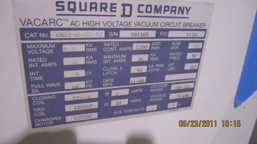 1200 Amp, SQUARE D, VAD3-05025-12, 4760 V, E/O, D/O, 125 VDC CLOSE/TRIP