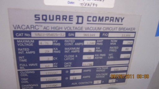 1200 Amp, SQUARE D, VAD3-05025-12, 4760 V, E/O, D/O, 125 VDC CLOSE/TRIP