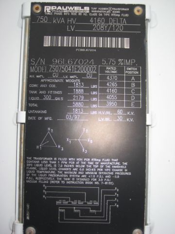 750 KVA, Pri 4160 D, Sec 208Y/120, 1997, PAUWELS, SUBSTATION, COPPER, R-TEMP:1