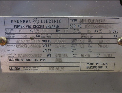1200 Amp, GE, VB1-13.8-500-2, 13.8 KV, 1993, E/O, D/O, 125 VDC C&T, ML18 MECH.:1