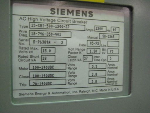 1200 Amp, SIEMENS, 15-GMI-500-1200-37, 13800 V., 1992, 125 VDC CLOSE & TRIP:1