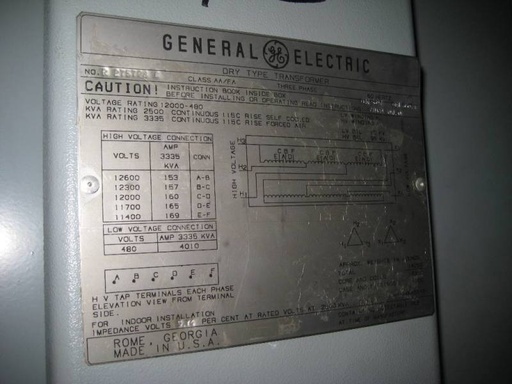 2500/3335 KVA, Pri 12000 D, Sec 480 D, 1994, GENERAL ELECTRIC, INDOOR, DRY:1
