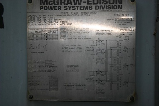 36000/48000/60000 KVA, Pri 69000Y/39837, Sec 13200 D, X 13200 D, MCE, GSU