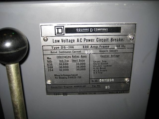 800 Amp, SQUARE D, DS-206, 480 V., 1982, M/O, D/O