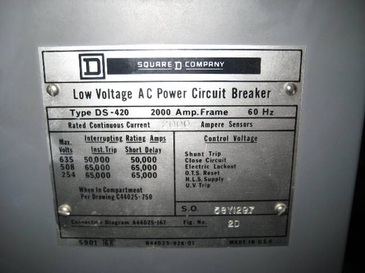 2000 Amp, SQUARE D, DS-420, 480 V., 1982, M/O, D/O, AMPTECTOR 1-A LSIG