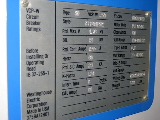 1200 Amp, WESTINGHOUSE, 50VCPW-250, 4760 V., 125 VDC MOTOR CLOSE & TRIP:1