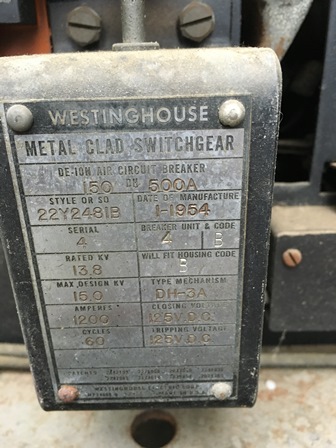 1200 Amp, WESTINGHOUSE, 150DH500A, 13.8 KV, 125 VDC CLOSE & TRIP, AIR BREAKER:1