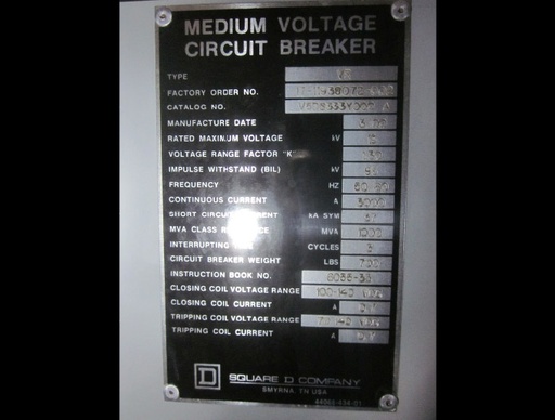 3000 Amp, SQUARE D, VR-1000, 13.8 KV, 125 VDC, 2000, VACUUM, BREAKER:1