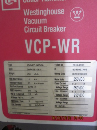 1200 Amp, CUTLER HAMMER, AM13.8 VACUUM RETROFIT, 13.8 KV, E/O, D/O, 240 VDC C&T