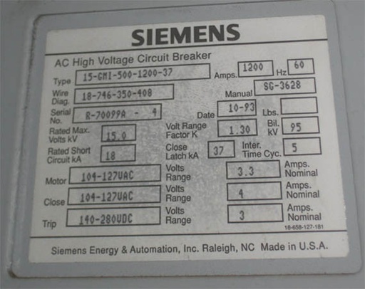 1200 Amp, SIEMENS, 15-GMI-500-1200-37, 15 KV, 1993, 120 VAC CLOSE, 240 VDC TRIP