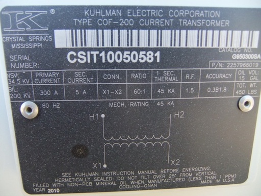 34 kV, Pri.,300A, Sec., 5A, 34.5 KV, KUHLMAN COF-200 CT'S, 60:1 RATIO, 200 KV BI