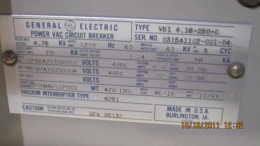 1200 Amp, GENERAL ELECTRIC, VB1-4.16-250-0, 4760 V., 1983, 48 VDC CLOSE & TRIP:1