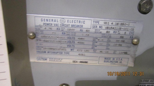 1200 Amp, GENERAL ELECTRIC, VB1-4.16-250-0, 4760 V., 1983, 125 VDC CLOSE & TRIP: