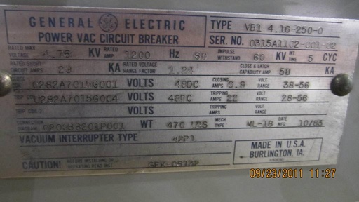 1200 Amp, GENERAL ELECTRIC, VB1-4.16-250-0, 4760 V., 1983, 48 VDC CLOSE & TRIP:1