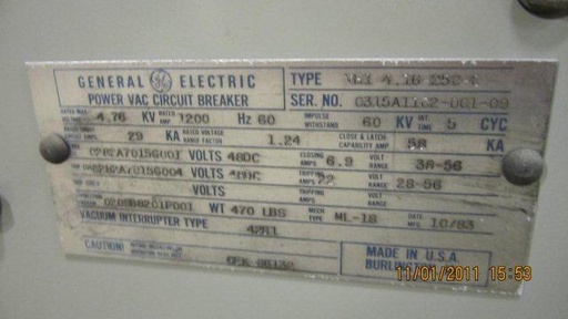 1200 Amp, GENERAL ELECTRIC, VB1-4.16-250-0, 4760 V., 1983, 48 VDC CLOSE & TRIP:1