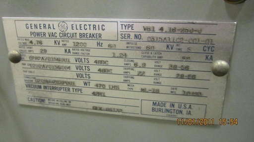 1200 Amp, GENERAL ELECTRIC, VB1-4.16-250-0, 4760 V., 1983, 48 VDC CLOSE & TRIP:1