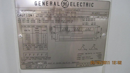 2500/3335 KVA, Pri 12000 D, Sec 480 D, 1994, GENERAL ELECTRIC, DRY, CORE & COILS