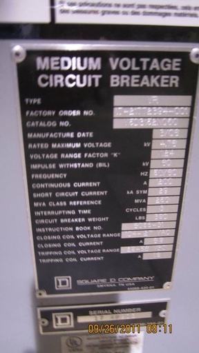 1200 Amp, SQUARE D VR, V5D3152N000, 4160 V., 2006, E/O, 125 VDC CL, 48 VDC TRIP