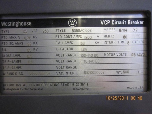 1200 Amp, CUTLER HAMMER, 50VCP-250, 4160 V., 125 VDC CLOSE & TRIP, 58 KA C&L