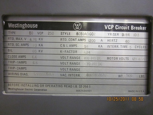 1200 Amp, CUTLER HAMMER, 50VCP-250, 4160 V., 125 VDC CLOSE & TRIP, 58 KA C&L