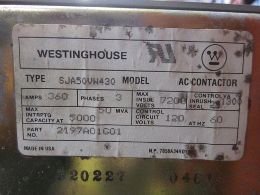 360 Amp, 2300 Volt, WESTINGHOUSE, SJA50VW430, VACUUM CONTACTOR:1