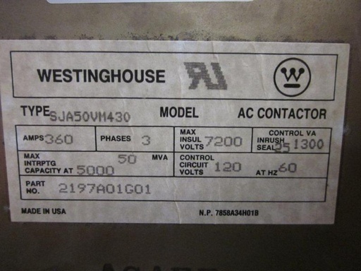 360 Amp, 2300 Volt, WESTINGHOUSE, SJA50VM430, VACUUM CONTACTOR:1