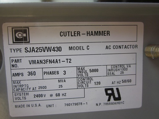 360 Amp, 2300 Volt, WESTINGHOUSE, SJA25VW430, VACUUM CONTACTOR:1