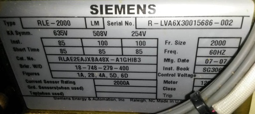 2000 Amp, SIEMENS, RLE-2000, 600 V., E/O, D/O, 120 VAC CLOSE/TRIP
