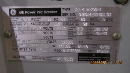 1200 Amp, GENERAL ELECTRIC, VB1-4.16-250-3, 4160 V., 1998, 125 VDC CLOSE & TRIP