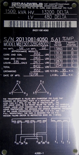 1500 KVA, Pri 13200 D, Sec 480 D, PAUWELS, DEAD FRONT, LOOP FEED, 2008, FR3:1