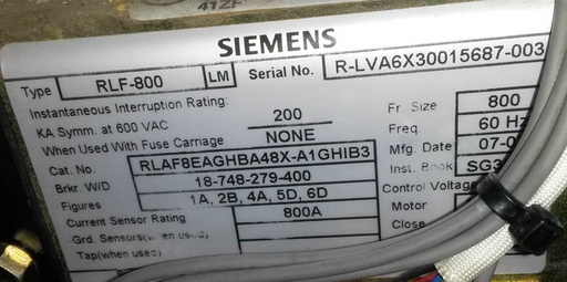 800 Amp, SIEMENS, RLF-800, 600 V., E/O, D/O, 120 VAC MOTOR, CLOSE, TRIP