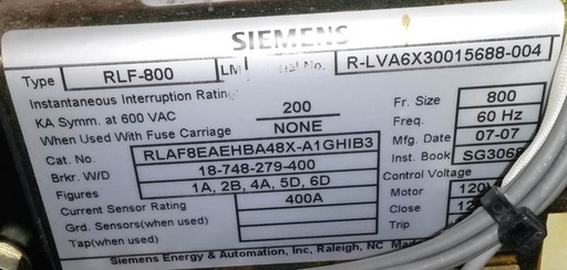 800 Amp, SIEMENS, RLF-800, 600 V., E/O, D/O, 120 VAC MOTOR, CLOSE, TRIP