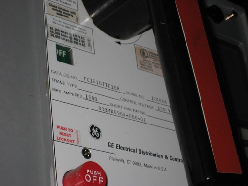 1600 Amp, GENERAL ELECTRIC, TC1616TTE1CR, 480 V., POWERBREAK, E/O, D/O, 120 VAC