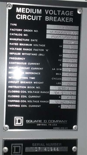 1200 Amp, SQUARE D, VR V5D6153Y000A, 15 KV, 2002, 500 MVA, 120 VAC CL/125 VDC TR