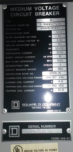 1200 Amp, SQUARE D, VR V5D6153Y000A, 15 KV, 2002, 500 MVA, 120 VAC CL/125 VDC TR