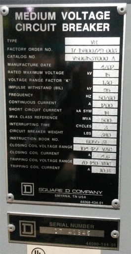 1200 Amp, SQUARE D, VR V5D6153Y000A, 15 KV, 2002, 120 VAC CL/125 VDC TRIP:1