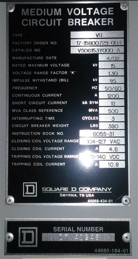 1200 Amp, SQUARE D, VR V5D6153Y000A, 15 KV, 2002, 120 VAC CL/125 VDC TRIP:1