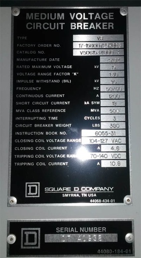 1200 Amp, SQUARE D, VR V5D6153Y000A, 15 KV, 2002, 120 VAC CL/125 VDC TRIP:1