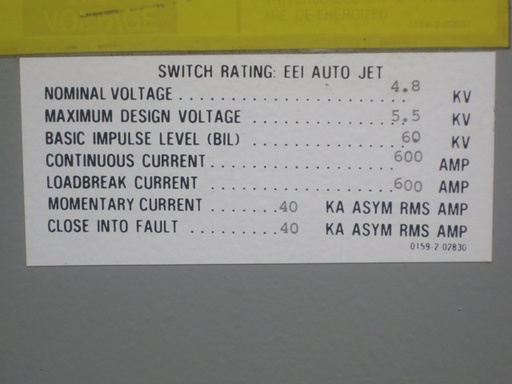 600 Amp, EEI, No. AUTO JET, 4800 V., NON-FUSED, OUTDOOR HOUSED, SWITCH:1