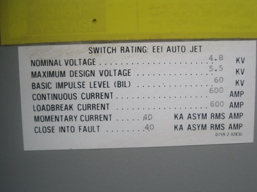 600 Amp, EEI, No. AUTO JET, 4800 V., NON-FUSED, OUTDOOR HOUSED, SWITCH:1